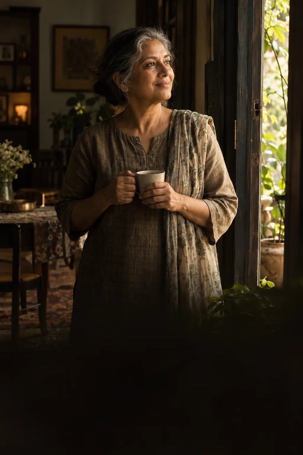 AI-generated fictional older woman at an open doorway, holding tea and looking toward daylight.